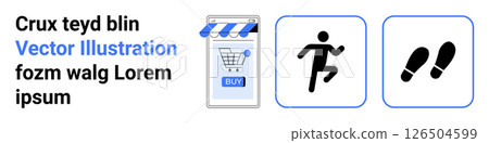 Mobile shopping cart app with store front screen, buy button, and runner icon. Ideal for eCommerce, mobile apps, health, fitness, marketing, UIUX design, product pages, fitness tracking. Landing page 126504599