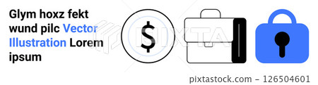 Currency symbol alongside a business briefcase and a blue lock icon, representing finance, business, and security. Ideal for financial services, business presentations, security solutions, corporate Currency symbol alongside a business briefcase and a blue lock icon, representing finance, business, and security. Ideal for financial services, business presentations, security solutions, corporate 126504601