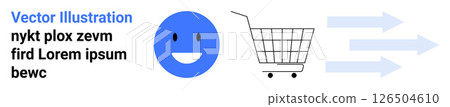 Blue happy face next to a shopping cart, with arrows pointing right symbolizing online shopping and progress. Ideal for e-commerce, digital transactions, user experience, customer satisfaction Blue happy face next to a shopping cart, with arrows pointing right symbolizing online shopping and progress. Ideal for e-commerce, digital transactions, user experience, customer satisfaction 126504610