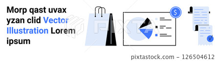 Shopping bag, pie chart, and receipts. Ideal for finance, business presentations, reports, e-commerce, budgeting, marketing analysis, financial planning Landing page Shopping bag, pie chart, and receipts. Ideal for finance, business presentations, reports, e-commerce, budgeting, marketing analysis, financial planning Landing page 126504612
