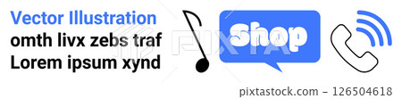 Blue shop sign in chat bubble, black music note, and phone with blue wireless signal. Ideal for e-commerce, music stores, customer service, online shopping, digital marketing. Banner for landing page Blue shop sign in chat bubble, black music note, and phone with blue wireless signal. Ideal for e-commerce, music stores, customer service, online shopping, digital marketing. Banner for landing page 126504618