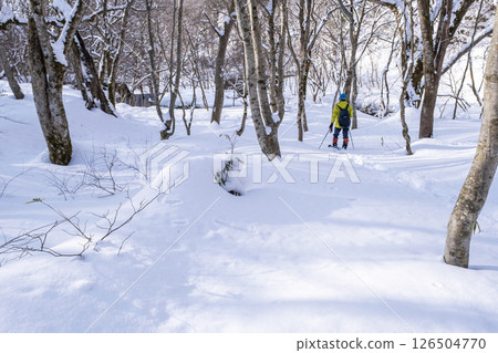 穿著雪鞋在森林裡享受新雪的景象 大山木澤溪流 穿著雪鞋在森林裡享受新雪的景象 大山木澤溪流 126504770
