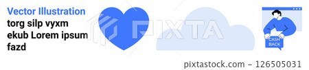 Blue heart icon, light blue cloud graphic, and person holding feedback card on computer screen. Ideal for web design, app interfaces, social campaigns, customer reviews, user engagement, feedback Blue heart icon, light blue cloud graphic, and person holding feedback card on computer screen. Ideal for web design, app interfaces, social campaigns, customer reviews, user engagement, feedback 126505031