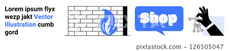 Set of graphical elements includes a brick wall blue flame shop text bubble and hand holding a key. Ideal for shopping security services online retail and home safety. Banner landing page 126505047