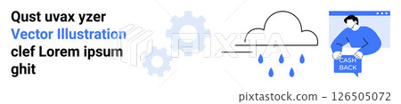 Gears, cloud with raindrops, person holding cash back sign. Ideal for tech, engineering, weather apps, finance, cashback programs, business processes, infographics. Landing page Gears, cloud with raindrops, person holding cash back sign. Ideal for tech, engineering, weather apps, finance, cashback programs, business processes, infographics. Landing page 126505072
