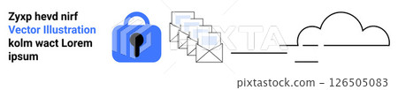 Blue padlock, line-drawn envelops leading to cloud symbol. Ideal for data security, cloud storage, email security, information transfer, online privacy, tech services, digital encryption. Banner 126505083