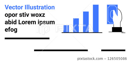 Bar chart with ascending bars, hand holding money, and placeholder text elements. Ideal for financial presentations, business growth visuals, economic reports, investment brochures, marketing Bar chart with ascending bars, hand holding money, and placeholder text elements. Ideal for financial presentations, business growth visuals, economic reports, investment brochures, marketing 126505086