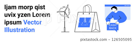 Wind turbine, shopping bag with recycling symbol, person holding cash back card in screen illustration. Ideal for e-commerce, renewable energy, sustainability, eco-friendly products, digital 126505095