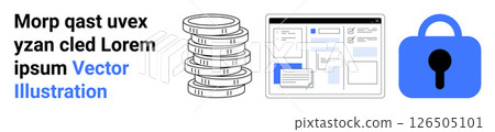 Stacked coins, data management interface, and padlock icon signifying financial security. Ideal for financial services, banking applications, data security, online transactions, cybersecurity 126505101
