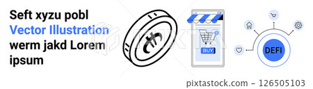 Cryptocurrency coin, online shopping cart on mobile device, and decentralized finance DEFI network. Ideal for fintech, e-commerce, blockchain technology, digital currency, investment, online 126505103