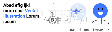 Bitcoin symbol with circuit, person celebrating with coins, happy blue face, random text. Ideal for technology, finance, success, emotion, cryptocurrency, digital art, positive vibes. Landing page 126505106
