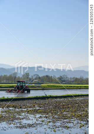 Scene of paddy field plowing [Azumino City] 126505143