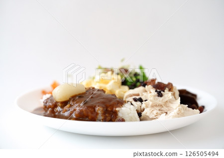 營養豐富、色彩鮮豔的咖哩,搭配賞心悅目的白米飯 營養豐富、色彩鮮豔的咖哩,搭配賞心悅目的白米飯 126505494