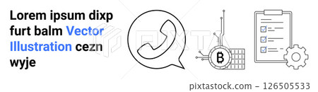 Black and blue text, telephone icon, blockchain symbol, checklist on clipboard, and gear. Ideal for business communication, blockchain technology, project management, web development, mobile apps Black and blue text, telephone icon, blockchain symbol, checklist on clipboard, and gear. Ideal for business communication, blockchain technology, project management, web development, mobile apps 126505533