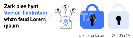 Envelope with user icons and symbol representing email. Blue and grey padlocks symbolizing security. Ideal for email marketing, data protection, cybersecurity tips, privacy policies, secure Envelope with user icons and symbol representing email. Blue and grey padlocks symbolizing security. Ideal for email marketing, data protection, cybersecurity tips, privacy policies, secure 126505549