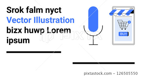 Blue microphone icon, smartphone with shopping cart, blue BUY button under store awning. Ideal for podcasts, e-commerce sites, digital advertising, mobile apps, commercials, webinars, blogs. Landing Blue microphone icon, smartphone with shopping cart, blue BUY button under store awning. Ideal for podcasts, e-commerce sites, digital advertising, mobile apps, commercials, webinars, blogs. Landing 126505550