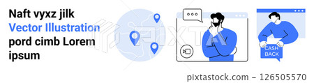 Map with location pins, male character thinking, and person with cashback sign. Ideal for business planning, marketing strategies, financial services, online stores, customer engagement, geographic Map with location pins, male character thinking, and person with cashback sign. Ideal for business planning, marketing strategies, financial services, online stores, customer engagement, geographic 126505570