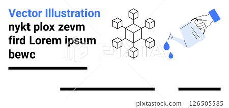 Geometric cube pattern alongside a hand pouring water. Ideal for innovation, creativity, growth, education, technology, digital design, business strategy themes. Black and blue color elements 126505585