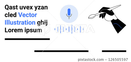 Central microphone with sound waves, hand holding brush, Latin text. Ideal for podcast branding, art tutorials, tech blogs, graphic design, educational platforms, creative portfolios, marketing 126505597