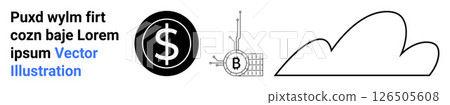 Dollar sign in black circle, circuit-board style Bitcoin, outlined cloud. Ideal for finance, cryptocurrency, tech, cloud services, business themes, web design, and presentations. Landing page 126505608