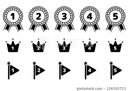 Ranking icon set monochrome medals, crowns and flags up to 5th place Ranking icon set monochrome medals, crowns and flags up to 5th place 126505723