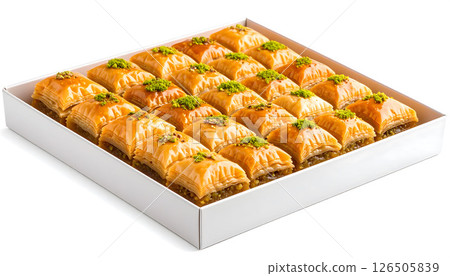 A white box filled with rows of sweet, golden baklava pieces topped with crushed pistachios. 126505839