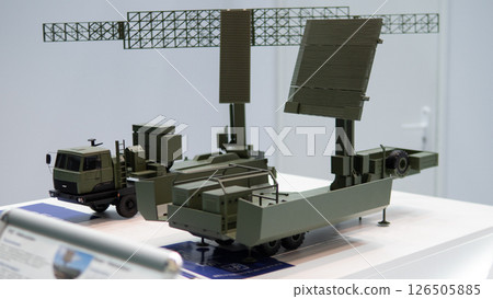 Detailed display showcases a military radar system designed for modern warfare, emphasizing technology in defense applications and strategic capabilities in combat zones. Detailed display showcases a military radar system designed for modern warfare, emphasizing technology in defense applications and strategic capabilities in combat zones. 126505885