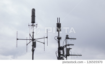 Communication antennas and surveillance equipment stand against a cloudy sky, essential for military operations during armed conflicts in various regions. Communication antennas and surveillance equipment stand against a cloudy sky, essential for military operations during armed conflicts in various regions. 126505970