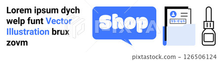 Shop text bubble, folder with profile document, glue bottle. Ideal for online shopping, e-commerce, digital marketing, retail, and business concepts. Banner for landing page 126506124