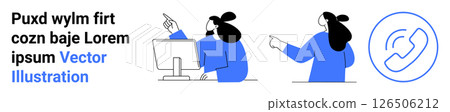 Two people interacting about a computer screen, gesturing to each other, and to text. Circular contact icon with phone symbol. Ideal for tech support, teamwork, communication apps, business services Two people interacting about a computer screen, gesturing to each other, and to text. Circular contact icon with phone symbol. Ideal for tech support, teamwork, communication apps, business services 126506212