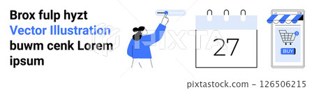 Business person painting, calendar displaying 27, mobile shopping cart. Ideal for e-commerce, event planning, online shopping, digital marketing, time management, website design, and promotions 126506215