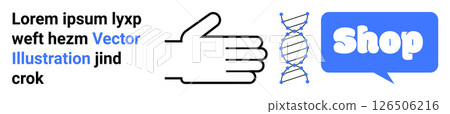 Simple layout with a hand symbol, DNA helix, and a speech bubble containing the word shop. Ideal for biotechnology, e-commerce, genetic research, online shopping, and promotional websites. Banner 126506216
