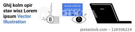 Abstract text, blockchain bitcoin symbol, eye icon with binary code, and laptop. Ideal for tech, digital security, cryptocurrency, data analysis, software development, programming, fintech. Landing Abstract text, blockchain bitcoin symbol, eye icon with binary code, and laptop. Ideal for tech, digital security, cryptocurrency, data analysis, software development, programming, fintech. Landing 126506224