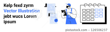 Worker holding clipboard, inspecting documents with stamp, and calendar with highlighted dates. Ideal for business planning, scheduling, task management, logistics, workflow organization, time 126506237