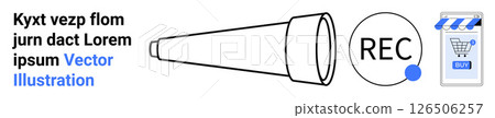 Telescope, video recording icon, clapperboard, and shopping cart on a website page. Ideal for media, content creation, e-commerce, film production, online shopping, education, and marketing. Landing 126506257