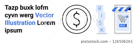 Dollar symbol in a circle, stack of cubes spelling RISK, mobile screen with online store and cart. Ideal for finance, e-commerce, risk management, mobile apps, online shopping, digital marketing Dollar symbol in a circle, stack of cubes spelling RISK, mobile screen with online store and cart. Ideal for finance, e-commerce, risk management, mobile apps, online shopping, digital marketing 126506261