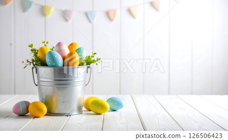 Colorful Easter eggs in a bucket on a white wooden table with a festive banner. Colorful Easter eggs in a bucket on a white wooden table with a festive banner. 126506423