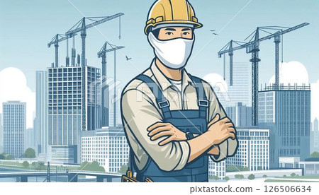 在建築工地工作的工人,顏色,黃色頭盔,面具,垂直 在建築工地工作的工人,顏色,黃色頭盔,面具,垂直 126506634