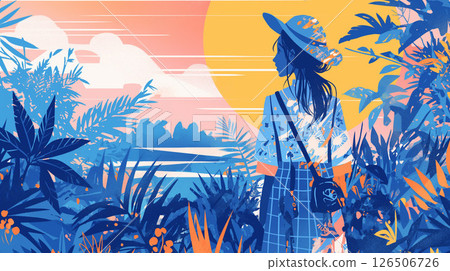 圖：戴著帽子的女孩在熱帶藍天下感受風的景象 126506726