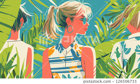 圖：戴著帽子的女孩在熱帶藍天下感受風的景象 126506733