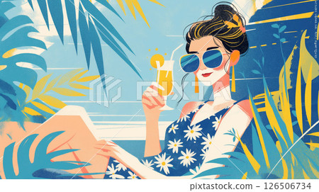 圖：戴著帽子的女孩在熱帶藍天下感受風的景象 126506734