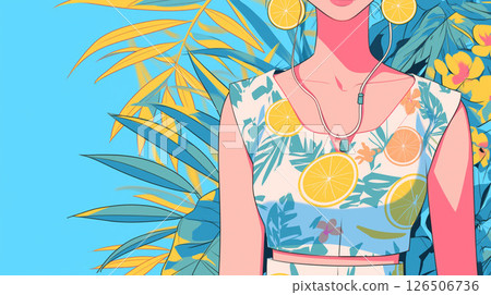 圖：戴著帽子的女孩在熱帶藍天下感受風的景象 126506736