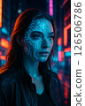 A Futuristic Portrait Featuring Cybernetic Face Art Set Against a Stunning Neon City Lights Backdrop 126506786
