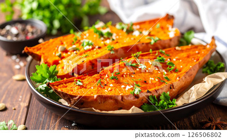 Delicious baked sweet potatoes, halved and topped with herbs and seeds. 126506802