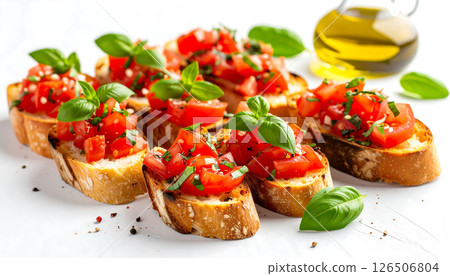Delicious bruschetta with chopped tomatoes, basil, and olive oil on a white background. 126506804