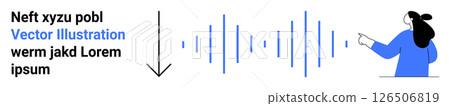 Woman wearing blue top pointing at blue sound waves with black text block on left and downward arrow. Ideal for presentations, website banners, communication, audio tech, tutorials, educational Woman wearing blue top pointing at blue sound waves with black text block on left and downward arrow. Ideal for presentations, website banners, communication, audio tech, tutorials, educational 126506819