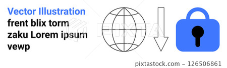 Earth globe, downward arrow, and blue lock symbol indicating data download security. Ideal for cybersecurity, data protection, internet privacy, secure downloads, global networks, online safety Earth globe, downward arrow, and blue lock symbol indicating data download security. Ideal for cybersecurity, data protection, internet privacy, secure downloads, global networks, online safety 126506861