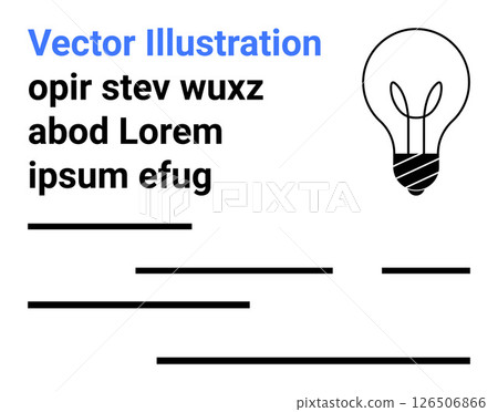 Prominent light bulb and sample text elements in black, modern sans-serif font. Ideal for concepts on innovation, creativity, education, ideas, business, technology, and presentations. Landing page 126506866
