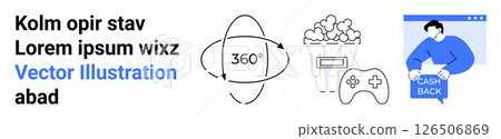 Minimalist design with 360-degree rotation, popcorn, gaming controller, cash back. Ideal for tech presentations, gaming blog, e-commerce, movie promos, financial apps, user manuals, educational 126506869