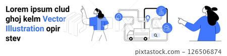 Delivery truck route on map with location pin, buildings, gears, and people pointing. Ideal for logistics, delivery services, route planning, supply chain management, transportation, customer 126506874